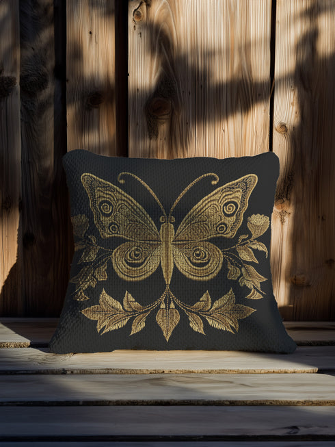A black woven throw pillow featuring an embroidered gold Hamsa hand surrounded by intricate floral and botanical designs.